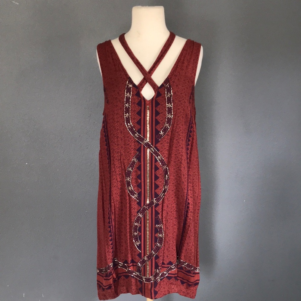 Free People Criss-Cross Burgundy Tribal Dress